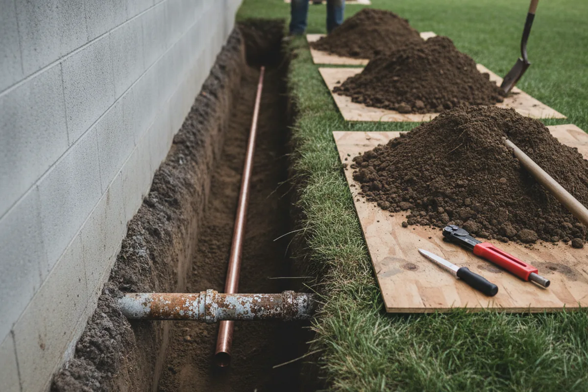 Excavated water line trench during Water Softener Installation in Westlake Village